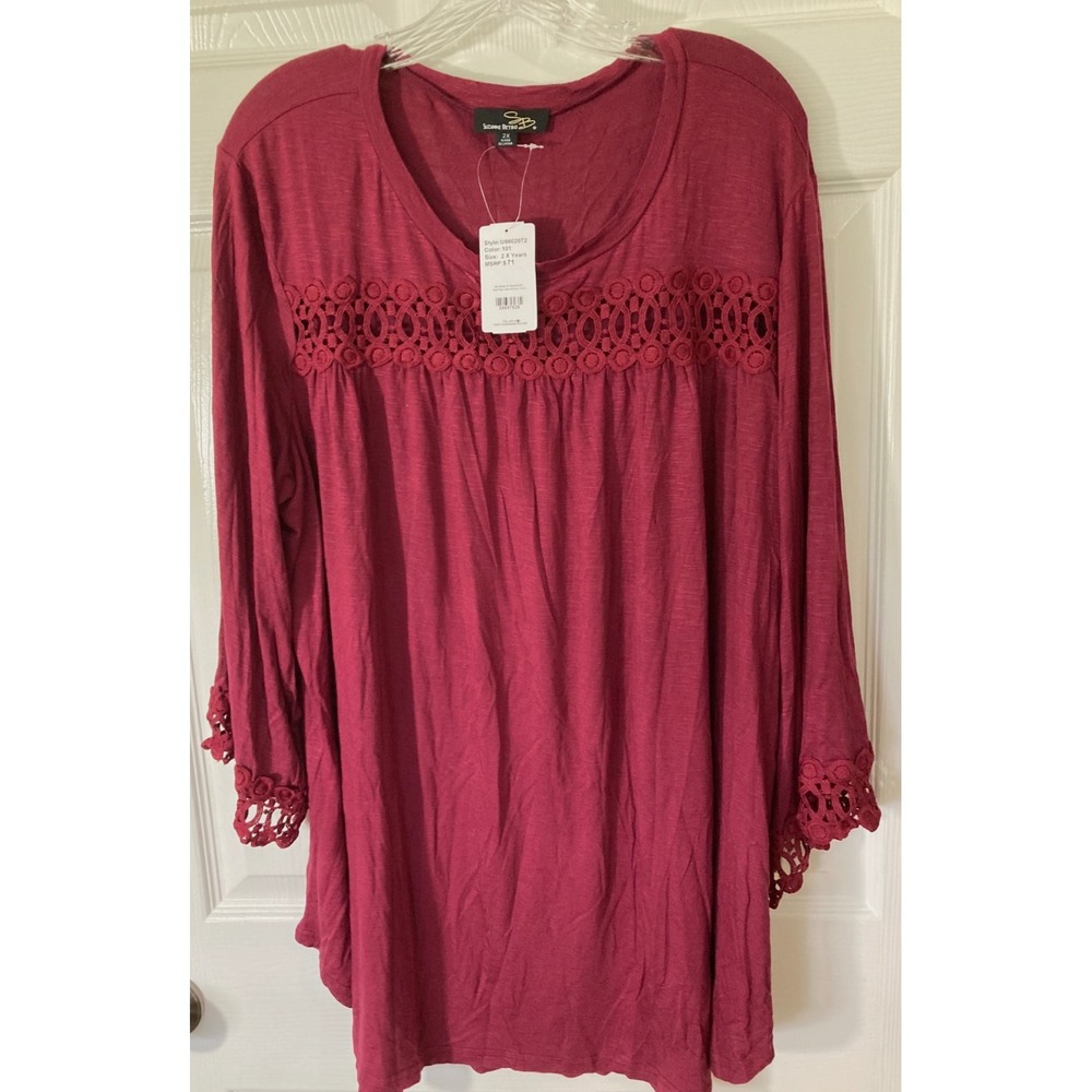 Suzanne Betro Women's Burgundy Tunic Top Size 2X Lace Trim New Boho Relaxed
